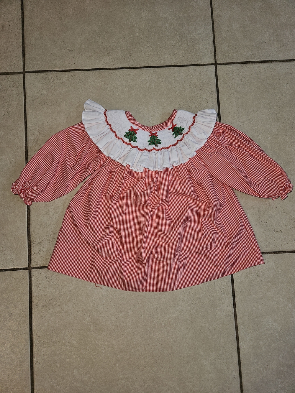 Red Gingham Ruffle-Collar Kids Dress with Tree Motif